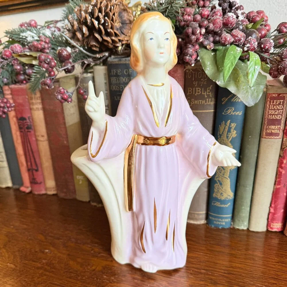 1950's Lady Planter/Head Vase Cream, Lilac and Gold Accents - Picture 4 of 14